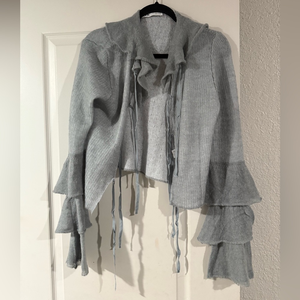 Zara Gray Ruffled Cardigan - Picture 2 of 4